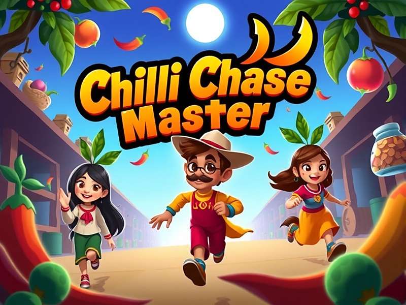 Chilli Chase Master game banner showing characters running through Indian spice markets with chili power-ups
