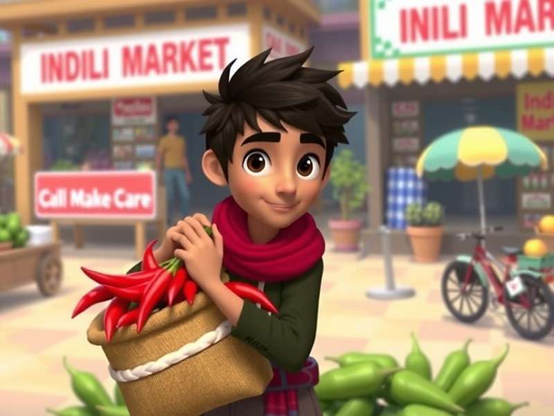 Raju, the main character of Chilli Chase Master, carrying a sack of chillies with Indian market in background